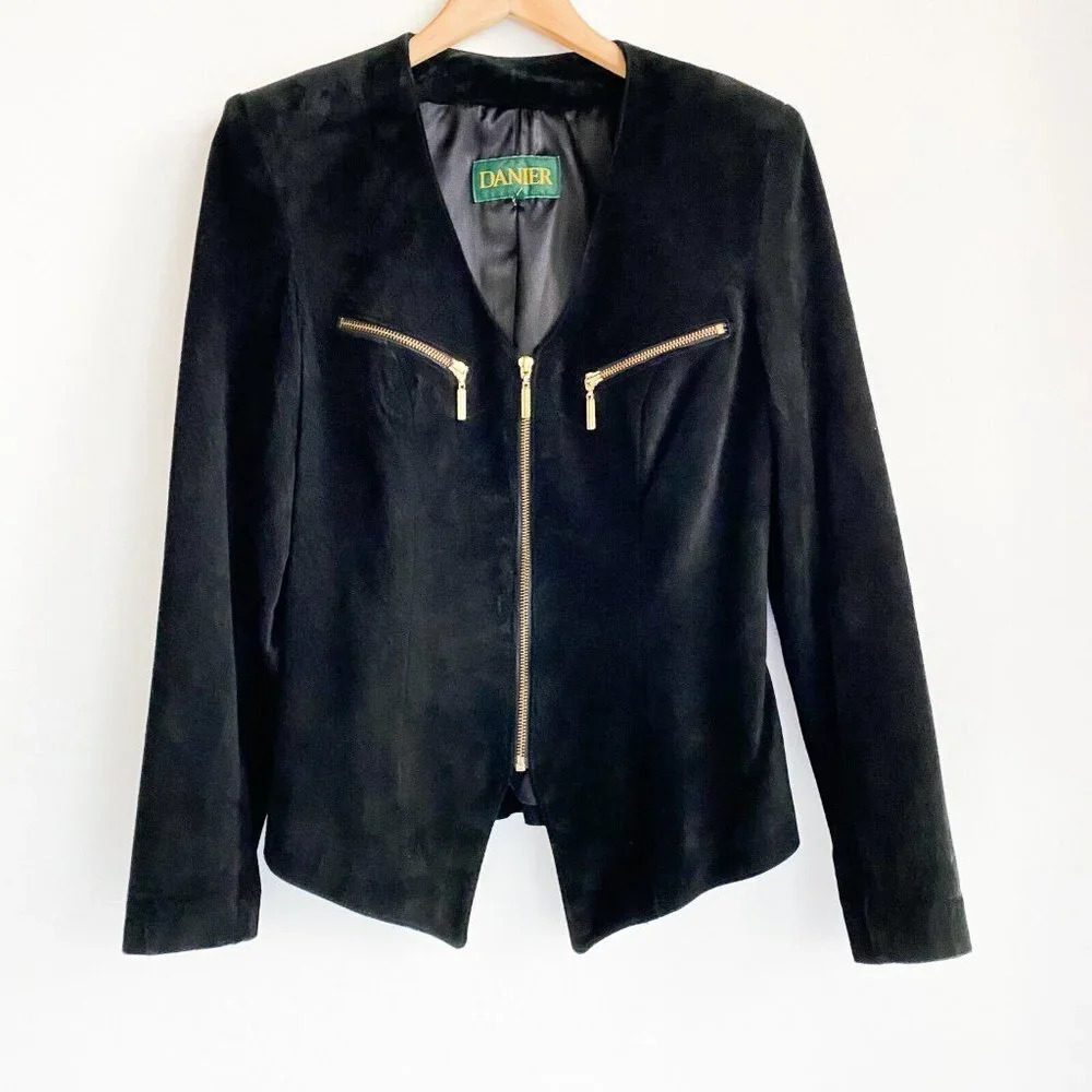 Vintage Danier Leather Black Suede Zipper Detail Fitted Sexy JAcket S